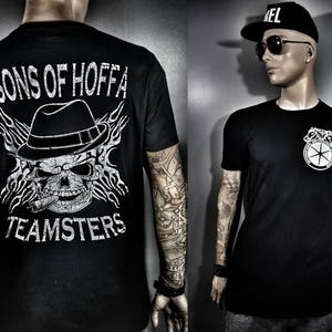 Teamsters Sons of Hoffa « Mobster » Teamsters Rocker Biker Shirt toutes tailles noir avec poitrine et manches Chapeau de gangster Hoffa