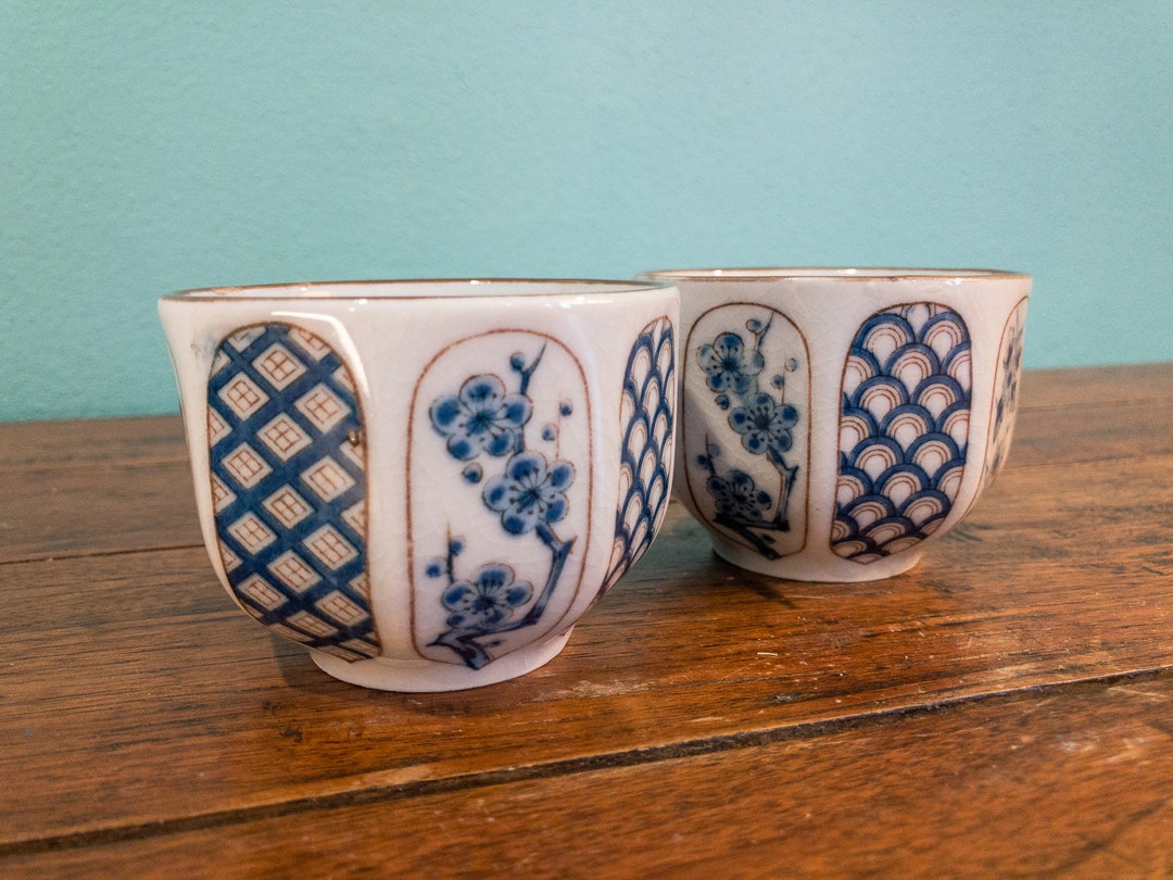 Vintage OMC Japanese Hand Painted Ceramic Sake or Tea Cups With Blue