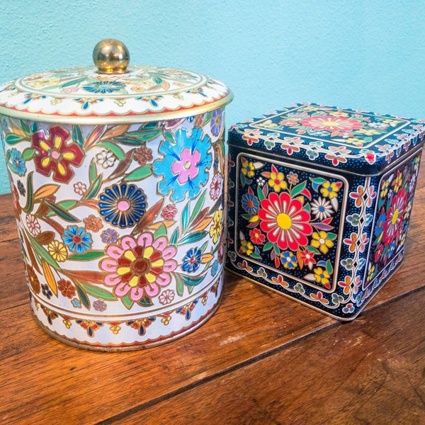 Vintage Retro Metal Daher English Tea Tins with Colorful Embossed Flowers, White Floral Tin with Knob Lid, Black Floral Tin with Hinged Lid