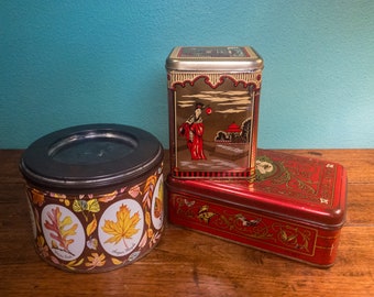 Vintage Metal Tins, Red & Gold Tindeco De Mets Decorative Candy Tin, Gold Oriental Asian Tea Tin, Autumn Leaves Mrs Leland's Butter Bits