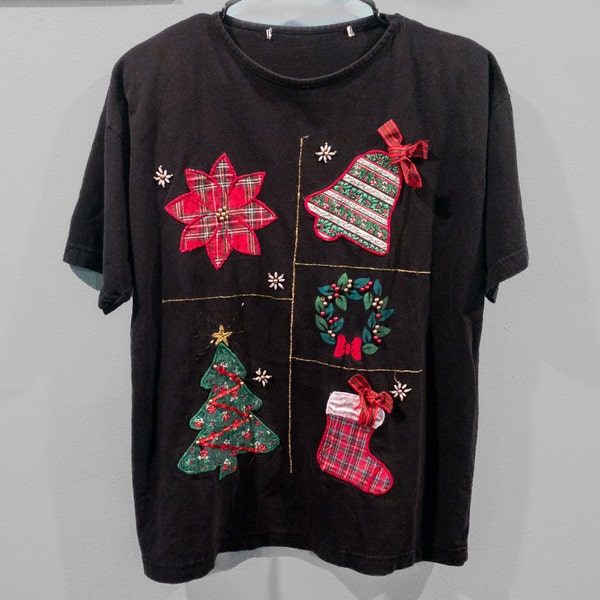 Ugly 80s Vintage Christmas T-Shirt with Holiday Embellishments and Shoulder Pads for Ugly Sweater Christmas Party