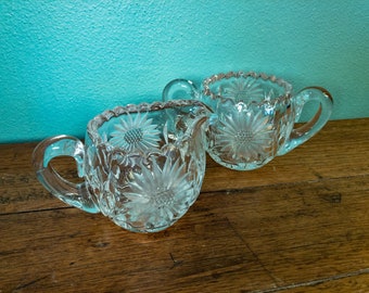 Vintage Heavy Glass Creamer and Sugar Bowl with Frosted Flowers, Floral Design, and Scalloped Edging