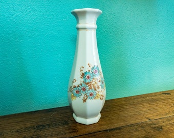 Vintage 1983 FTD Cream Colored Small Flower Vase with Blue Floral Design, Made in Portugal