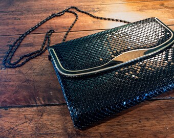 Vintage Envelope Clutch Purse with Black Metal Mesh, Gold Detailing, and Chain Strap, Black Evening Bag