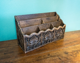 Vintage Lerner Faux Carved Wood Desk Organizer, Desk Storage Caddy with Compartments for Sorting Mail, Letters, Notes, Utensils