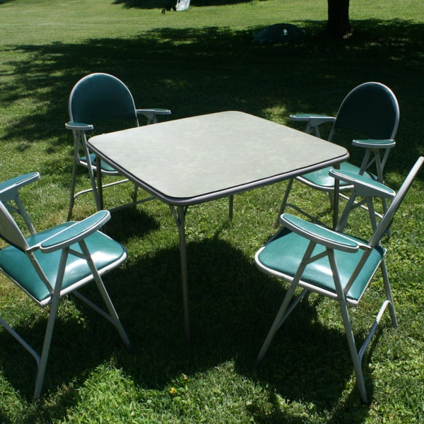 1960's Mid Century Modern Shwayder Brothers Samsonite Green Card Table Set with Folding Chairs