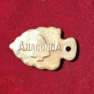 May include: A vintage-style metal tag with the word "Anaconda" and a tree graphic. The tag has a unique arrowhead shape with a hole on the right side. The tag is a light gold color and sits on a red surface.