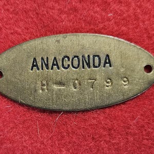May include: Oval-shaped brass tag with the word "ANACONDA" in bold, black capital letters. Below the word is the number "H-0799". The tag has two holes and sits on a red fabric surface.