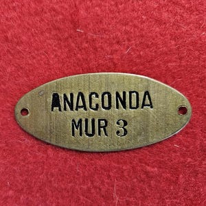 May include: An oval-shaped brass tag with the text "ANACONDA MUR 3" stamped on it. The tag has two small holes, one on each end. The background is a solid red color.
