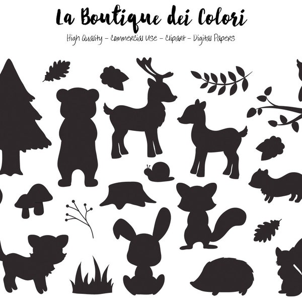 Woodland Animals Silhouette Clipart, Cute Graphics EPS and PNG, Fox, bear, bunny, deer, squirrel, Forest, Woodland party Clip art