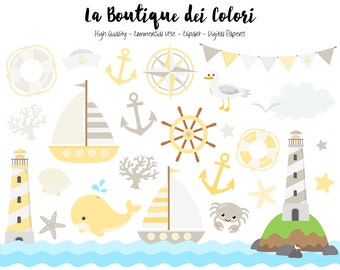 Yellow and Gray Nautical Clipart, Cute Vector Graphics and PNG, Sea, Sailing, Ocean, Anchor, Lighthouse, Sailboat, Whale, Compass Clip art