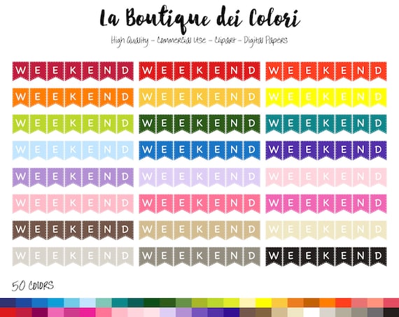 50 Rainbow Weekend Clip art, Digital illustrations PNG, Garland, bunting banner, flags Clipart, Planner Stickers Commercial Use Il_570xn