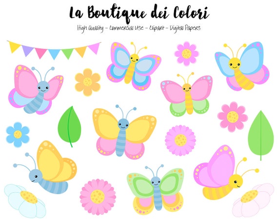 Pastel Butterfly Clipart, Cute Graphics PNG, Spring Bugs, garden flowers, Insect Clip art, Scrapbook Illustrations for small Commercial Use Il_570xn