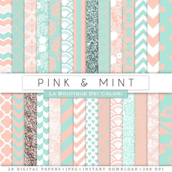 Pink and mint Digital Paper. Digital mint and pink paper, weddingscrapbook paper patterns, Instant Download for Commercial Use Il_570xn