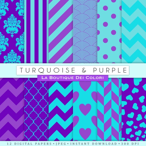 Turquoise and Purple Digital paper, stripes, polkadots, chevron, damask, quatrefoil Geometric triangles Download, Commercial Use Il_570xn