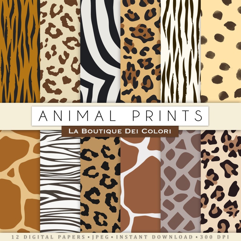 Animal prints digital paper. Safari Scrapbook paper pack. tiger skin, leopard dots, zebra stripes background pattern. commercial use clipart 