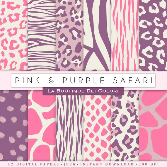 Pink and Purple Animal prints digital paper. Safari Scrapbook. tiger skin, leopard dots, zebra stripes background. commercial use clipart Il_570xn