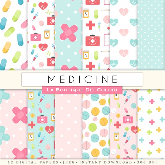 Medicine digital paper. Cute digital paper pack Health, doctor, nurse, rx, hospital, pills backgrounds patterns for commercial use clipart Il_570xn