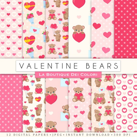 Cute Red Pink White Valentines Day Digital Paper Instant 