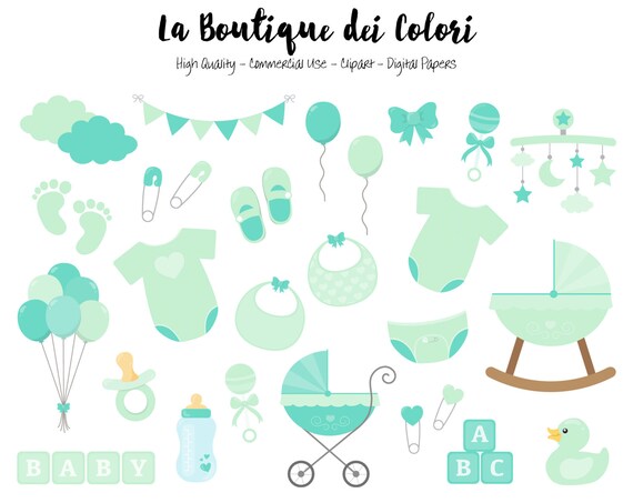 Mint Baby Shower Clipart, Cute Graphics PNG, Scrapbook Invitation baby boy -girl, Green nursery Clip art, Planner Stickers Commercial Use Il_570xn