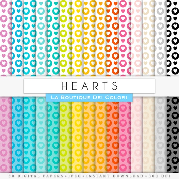 Scrapbooking Hearts Digital Paper, all colors heart Rainbow Printable Download for Personal and Commercial Use white backgrounds Il_570xn