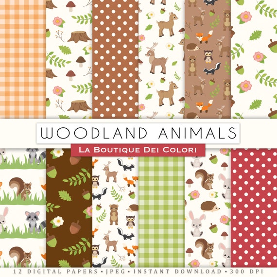 Cute Woodland Animals Digital Paper, Fox, Bear, Deer, Squirrel, Forest scrapbook backgrounds, Seamless patterns for commercial use clipart Il_570xn