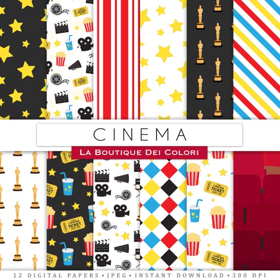 Cinema Digital Paper, Movie Theater scrapbook backgrounds, Film Camera, Popcorn, Director, Oscar Awards Seamless patterns for commercial use Il_570xn