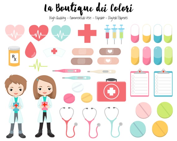 Doctor Clipart, Cute Digital Graphics PNG, Nurse, medicine, pills, rx, health, hospital, medical Clip art, Planner Stickers Commercial Use Il_570xn