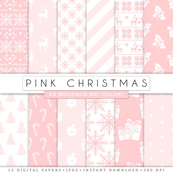 Pink Christmas digital paper, background, christmas tree, stars, snowflakes girly background for Commercial Use Il_570xn