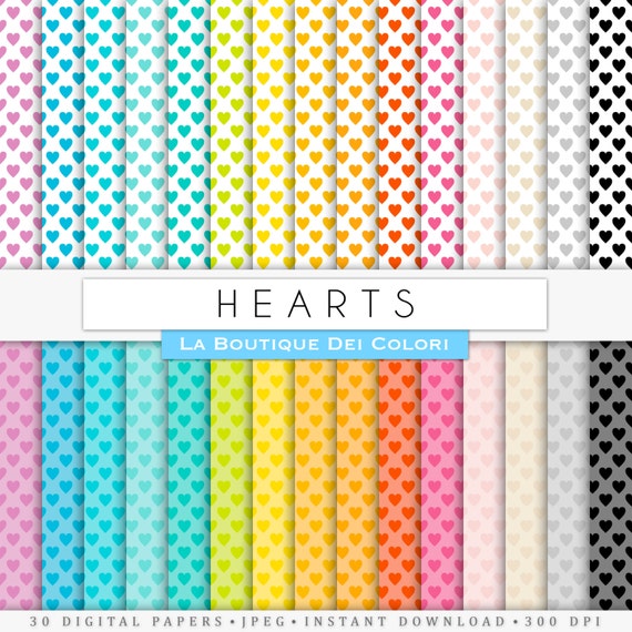 Scrapbooking Hearts Digital Paper, all colors heart Rainbow Printable Instant Download for Personal and Commercial Use. red blue Il_570xn