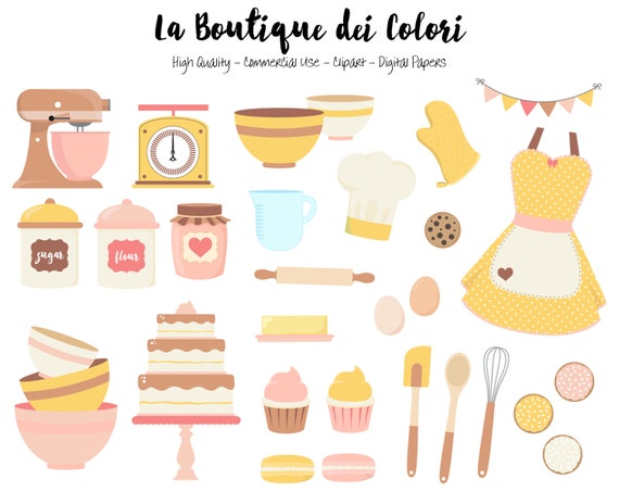 Pink and Yellow Baking Clipart, Cute Digital Graphics PNG, Vintage Bakery, Cooking, cake, cookies Clip art, Planner Stickers Commercial Use Il_570xn