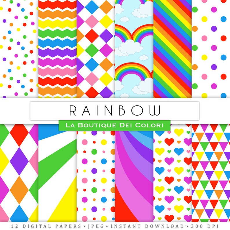 Rainbow Digital Paper rainbow patterns Scrapbook spring | Etsy