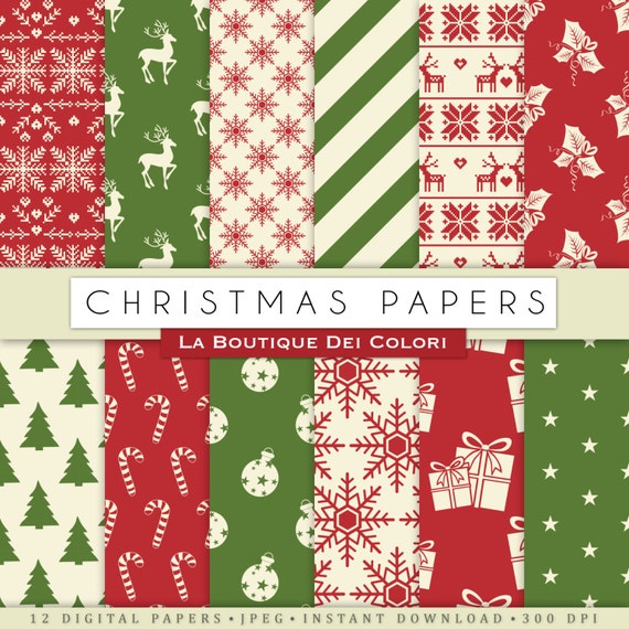 Red and Green Christmas digital paper, background, christmas tree, stars, snowflakes background for Commercial Use Il_570xn
