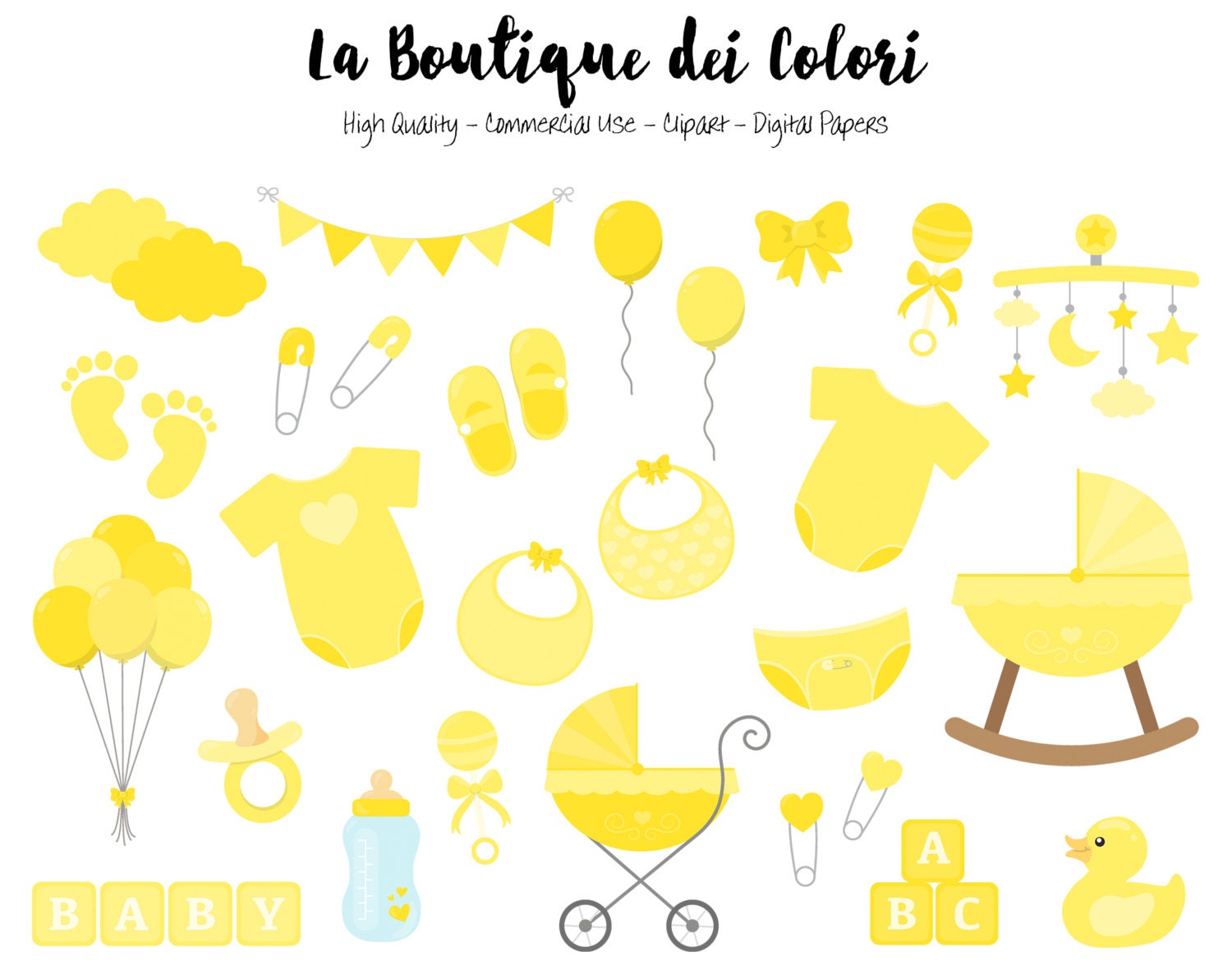 Yellow Baby Shower Clipart Cute Graphics PNG Scrapbook Etsy