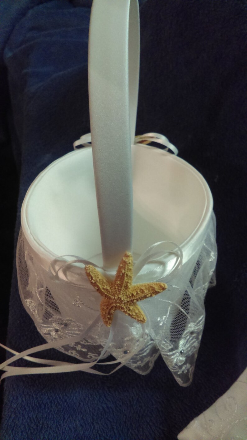 Matching Set Starfish Ring Bearer Pillow And Flower Girl Basket Beach Themed Weddings image 5