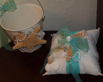 1 Ring Bearer Pillow & 2 Matching Flower Girl Pails - Beach Themed Weddings