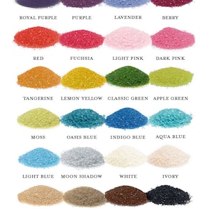 May include: A chart of 18 different colored sand samples, each labeled with a color name. The colors include royal purple, purple, lavender, berry, red, fuchsia, light pink, dark pink, tangerine, lemon yellow, classic green, apple green, moss, oasis blue, indigo blue, aqua blue, light blue, moon shadow, white, ivory, mocha mousse, sandy gray, chocolate brown, and deep black.