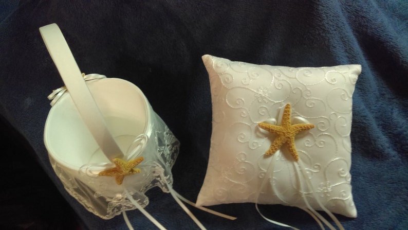 Matching Set Starfish Ring Bearer Pillow And Flower Girl Basket Beach Themed Weddings image 1