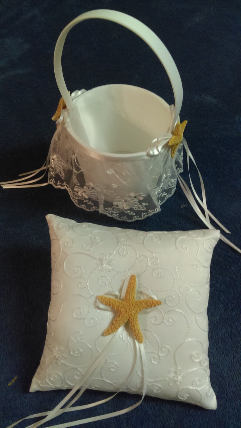 Matching Set Starfish Ring Bearer Pillow And Flower Girl Basket Beach Themed Weddings image 4