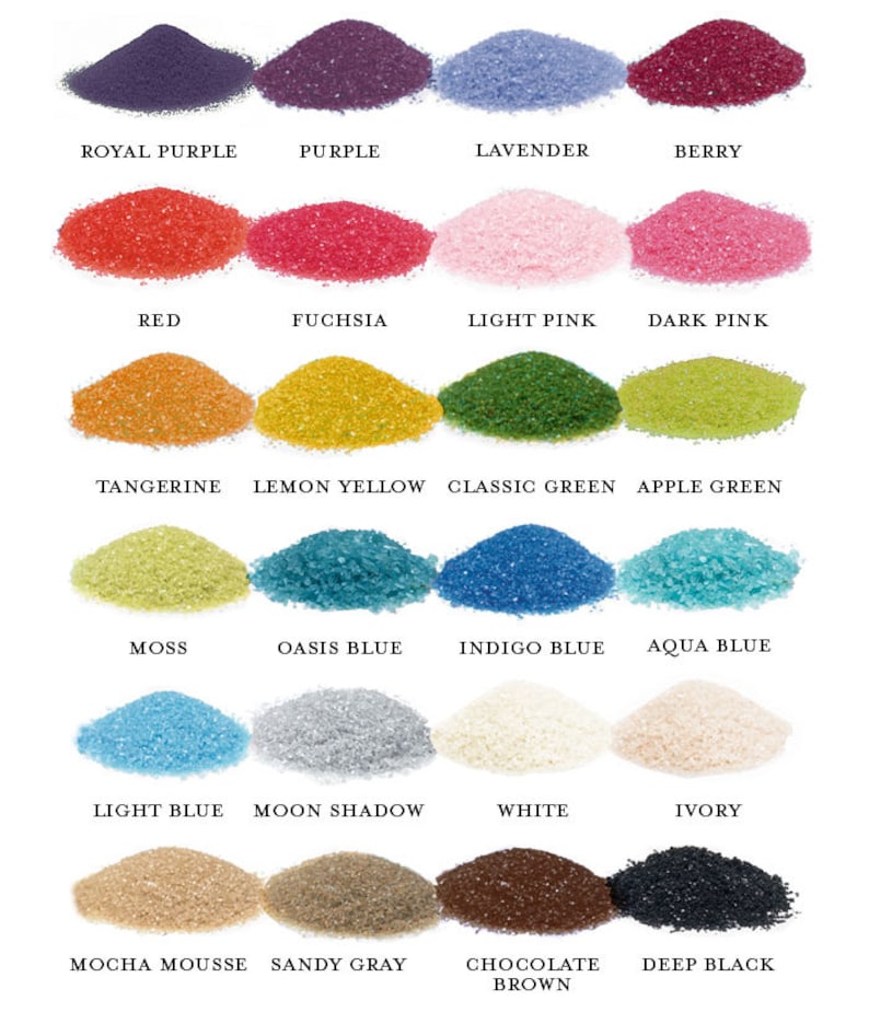 May include: A collection of 18 small piles of coloured sand, each labelled with a colour name. The colours include royal purple, purple, lavender, berry, red, fuchsia, light pink, dark pink, tangerine, lemon yellow, classic green, apple green, moss, oasis blue, indigo blue, aqua blue, light blue, moon shadow, white, ivory, mocha mousse, sandy grey, chocolate brown, and deep black.