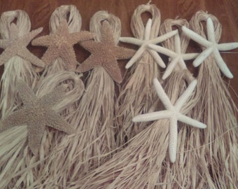 May include: A collection of seven decorative ornaments, each featuring a natural starfish attached to a bundle of light tan raffia or dried grass fibers. The starfish vary in color from light beige to off-white, and each bundle includes a loop for hanging.