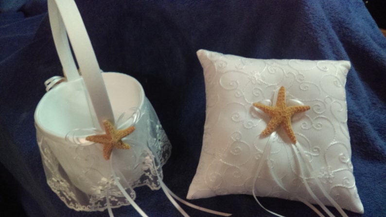 Matching Set Starfish Ring Bearer Pillow And Flower Girl Basket Beach Themed Weddings image 3