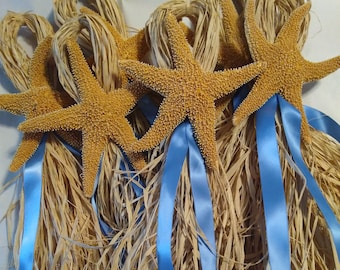 May include: Several tan starfish are attached to bundles of dried straw, each adorned with light blue satin ribbons. The starfish have a textured surface and are arranged in a cluster, suggesting a beach or nautical theme.