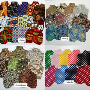 May include: A collection of fabric scraps in various patterns and colors, including paisley, polka dot, camouflage, and native designs. The fabric scraps are arranged in four groups, each with a label indicating the pattern.