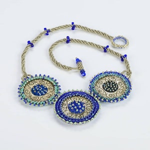 Ethnic beaded necklace, Tribal necklaces for women, Blue bead embroidery necklace, Bohemian statement necklace, Tribal handmade necklace