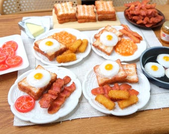 Miniature Breakfast Toast Bacon Eggs for 1:6 Scale Dolls Food. Handmade by Nadia Michaux