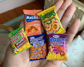 Miniature Various Snacks Crisps Potato Chips package 1:6 Scale Dolls Food Prawn Crackers, Cheese, Handmade by Nadia Michaux