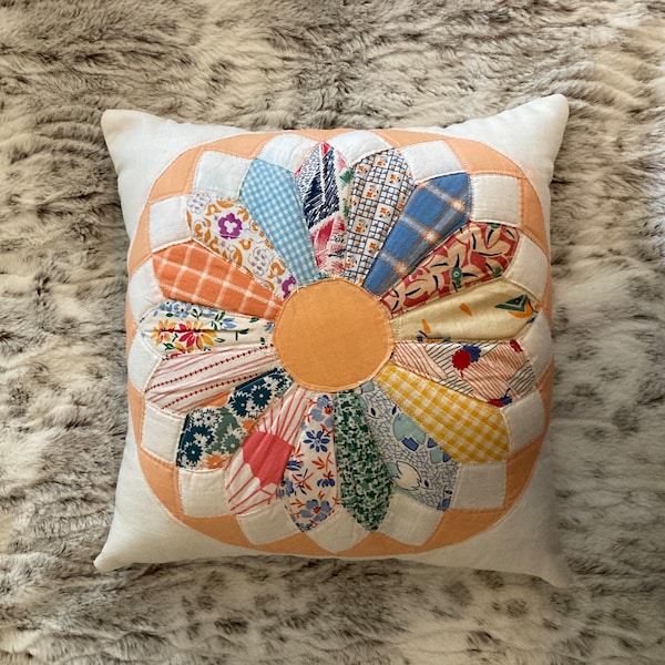 Quilted 12" Pillow Made from Antique Dresden Plate Pattern