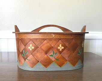 Vintage Basket Hand-Painted Folk Art Wood Woven Floral Lidded Basket