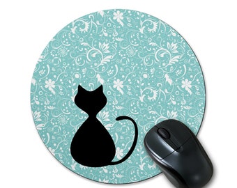 Round Mouse Pad with Black Cat, Gift for Cat Lover